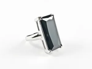 Classic Elegant Black Radiant Cut Rectangular Shaped Silver Ring