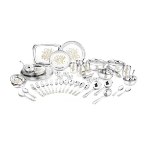 Classic Essentials Stainless Steel Glory Dinner Set | Kitchen Set for Home | Heavy Gauge Stainless Steel | Bartan Set | Permanent Glory Design Laser Engraved | Shagun Set, Set of 61