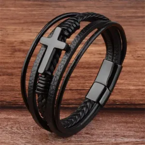 Classic Fashion Design Titanium Steel Cross Genuine Leather Bracelet for Men's Stainless Steel Magnet Buckle Charm Bracelet Gift