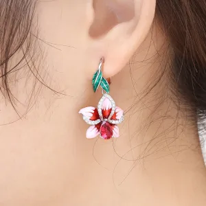 Classic Flower Enamel Drop Earrings for Women with Red Zircon in Silver Color