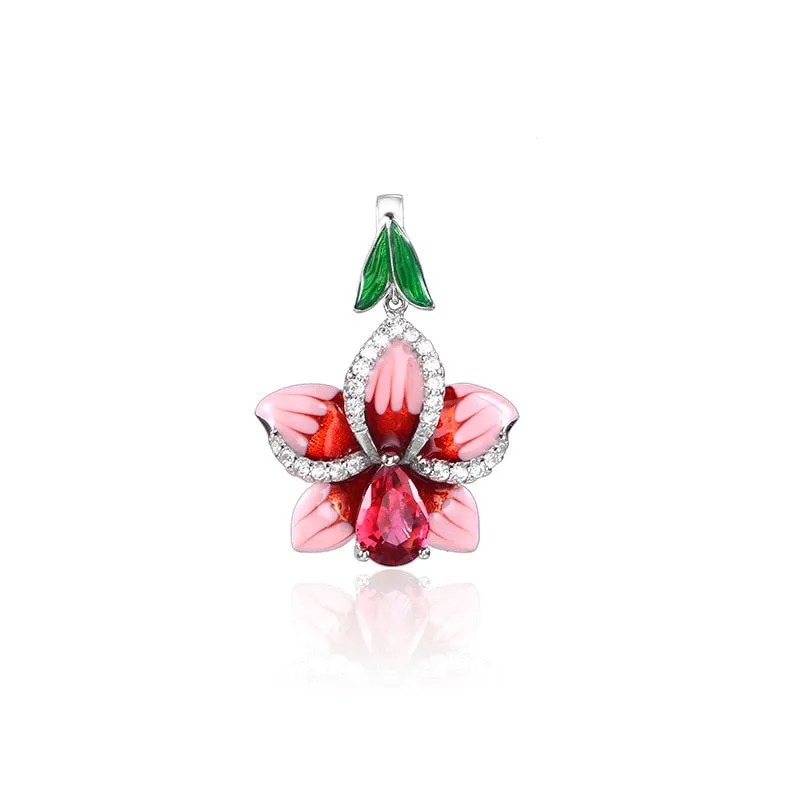 Classic Flower Enamel Drop Earrings for Women with Red Zircon in Silver Color