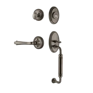 Classic Handleset with C-Grip and Classic Rosette with Fleur Lever in Antique Pewter