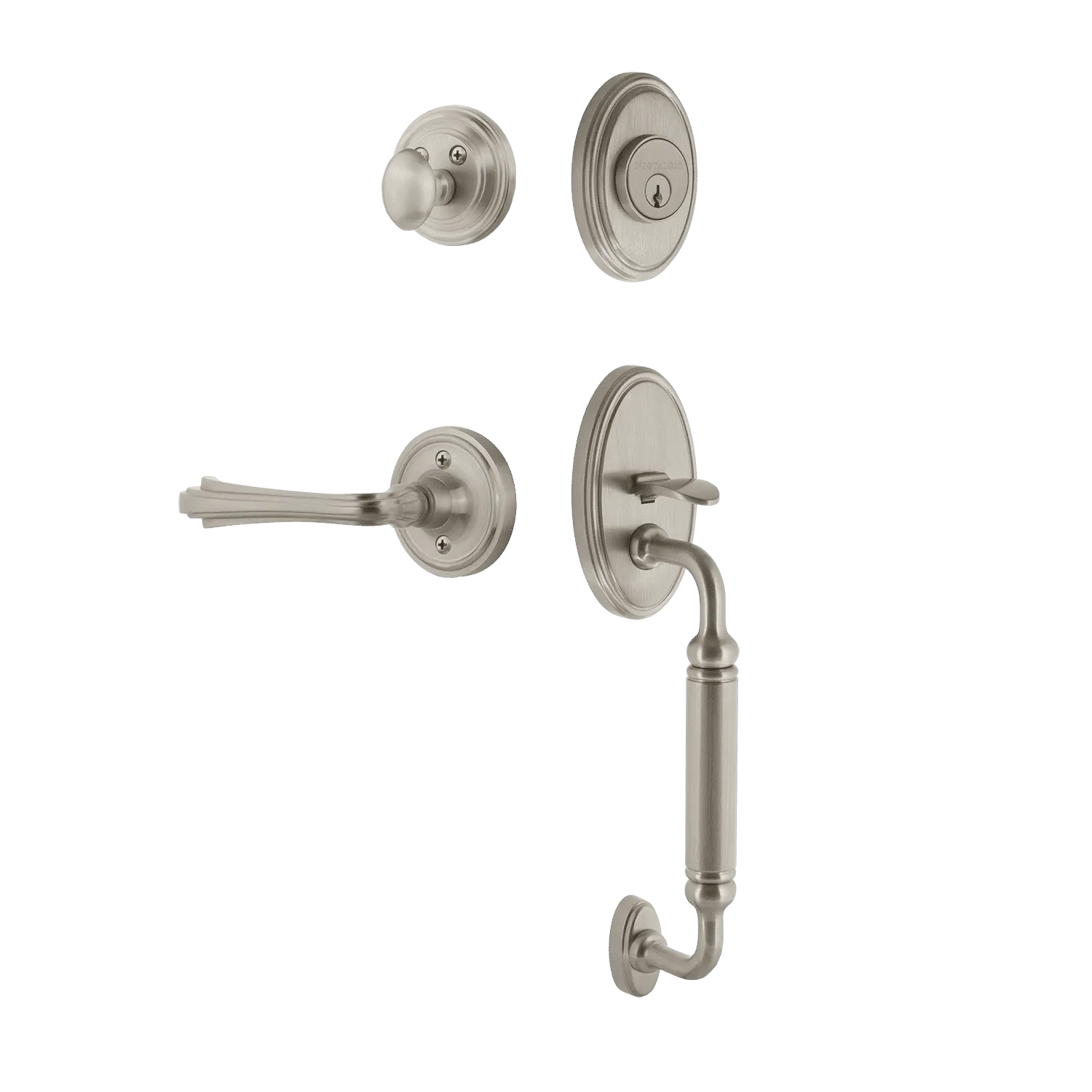 Classic Handleset with C-Grip and Classic Rosette with Fleur Lever in Satin Nickel