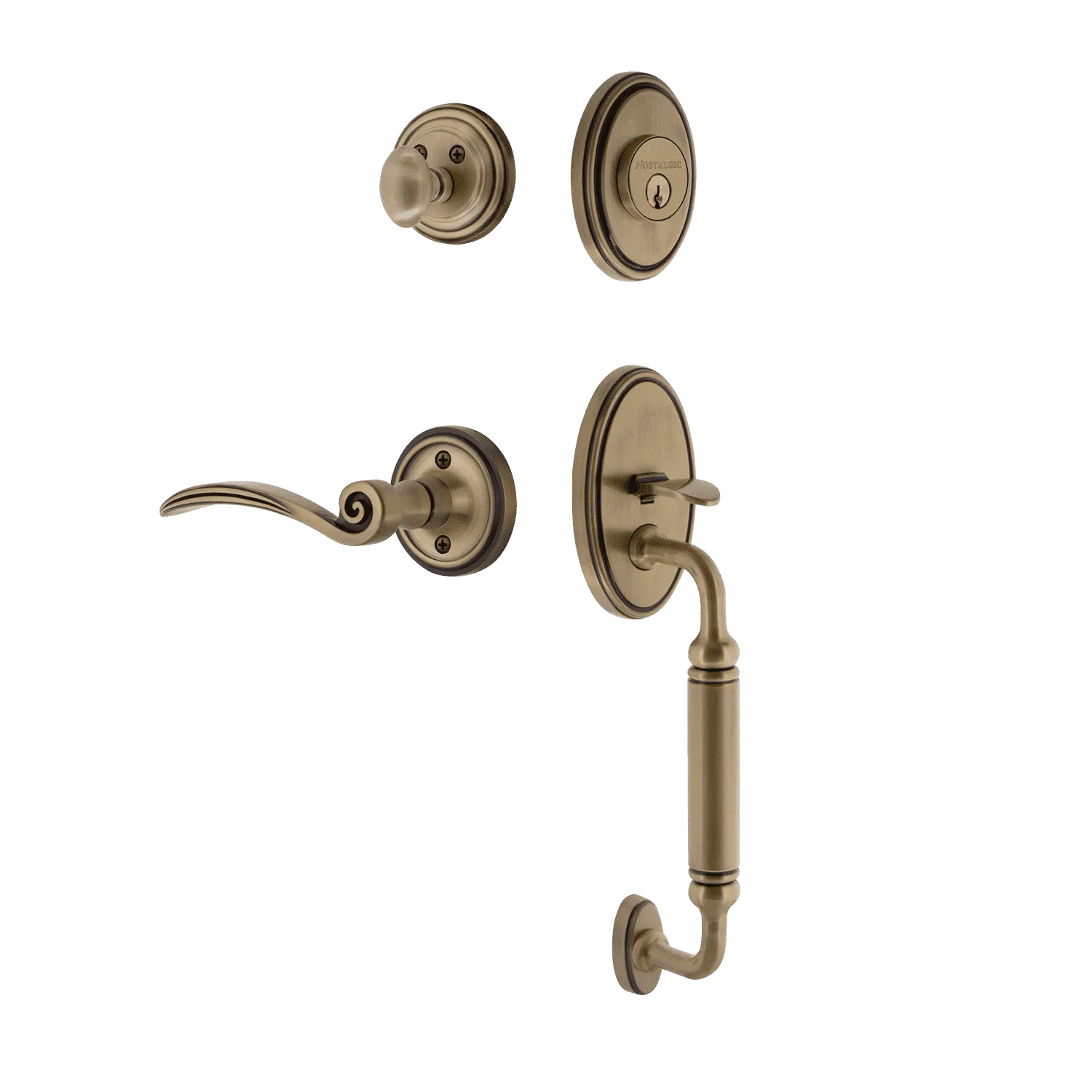 Classic Handleset with C-Grip and Classic Rosette with Swan Lever in Antique Brass