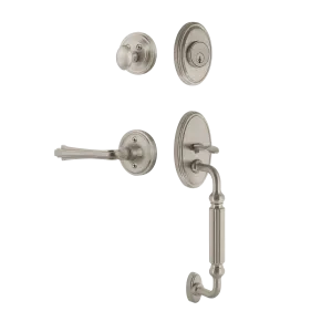 Classic Handleset with F-Grip and Classic Rosette with Fleur Lever in Satin Nickel