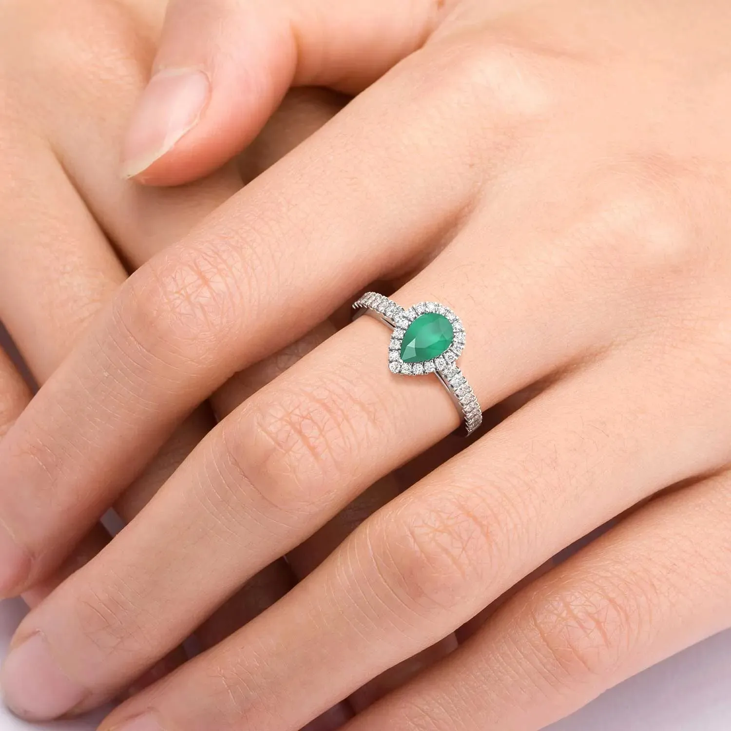 Classic Pear Emerald Halo Ring in Sterling Silver