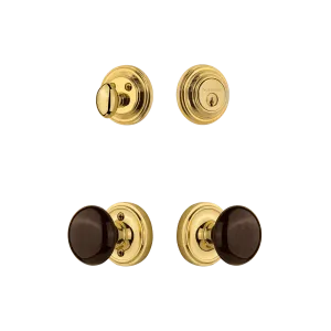 Classic Rosette Entry Set with Brown Porcelain Knob in Polished Brass