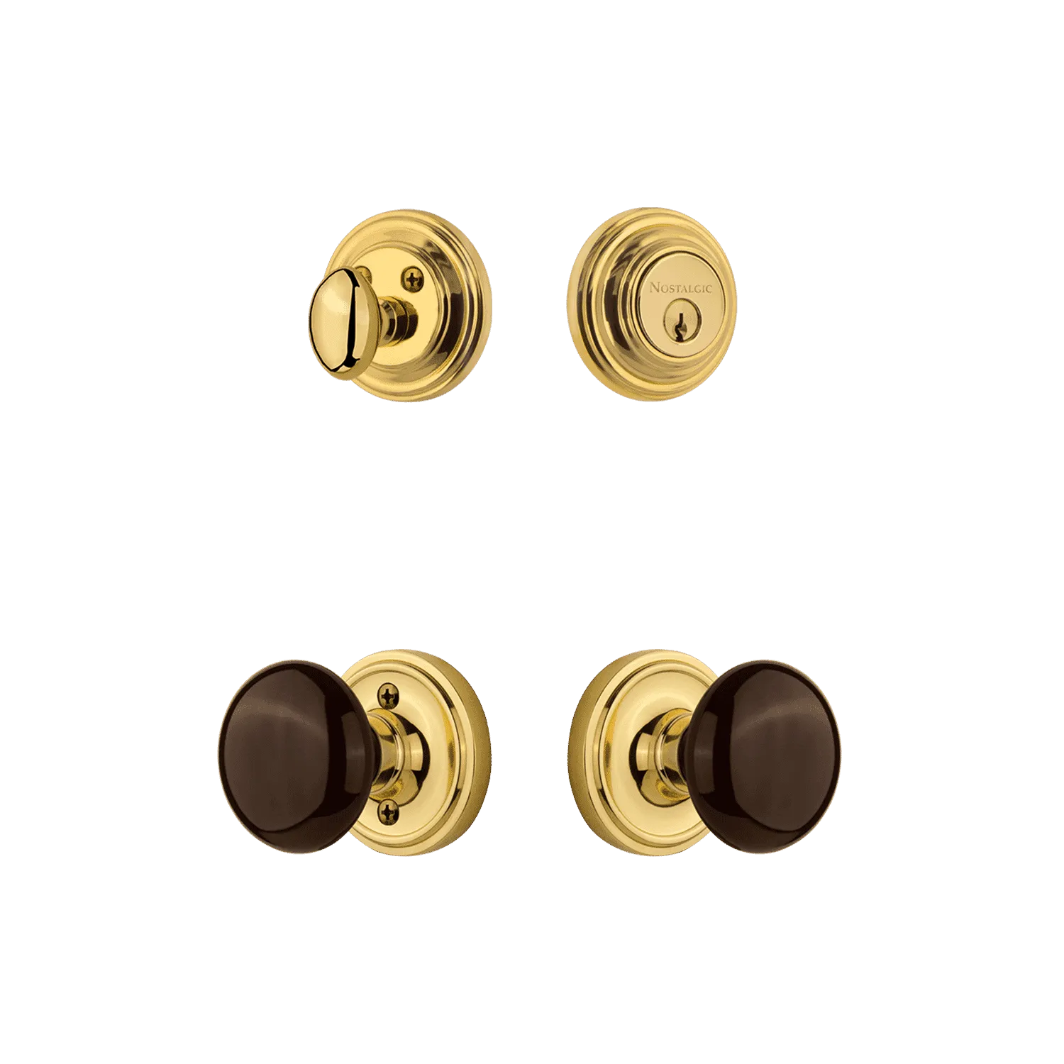 Classic Rosette Entry Set with Brown Porcelain Knob in Polished Brass