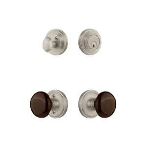 Classic Rosette Entry Set with Brown Porcelain Knob in Satin Nickel