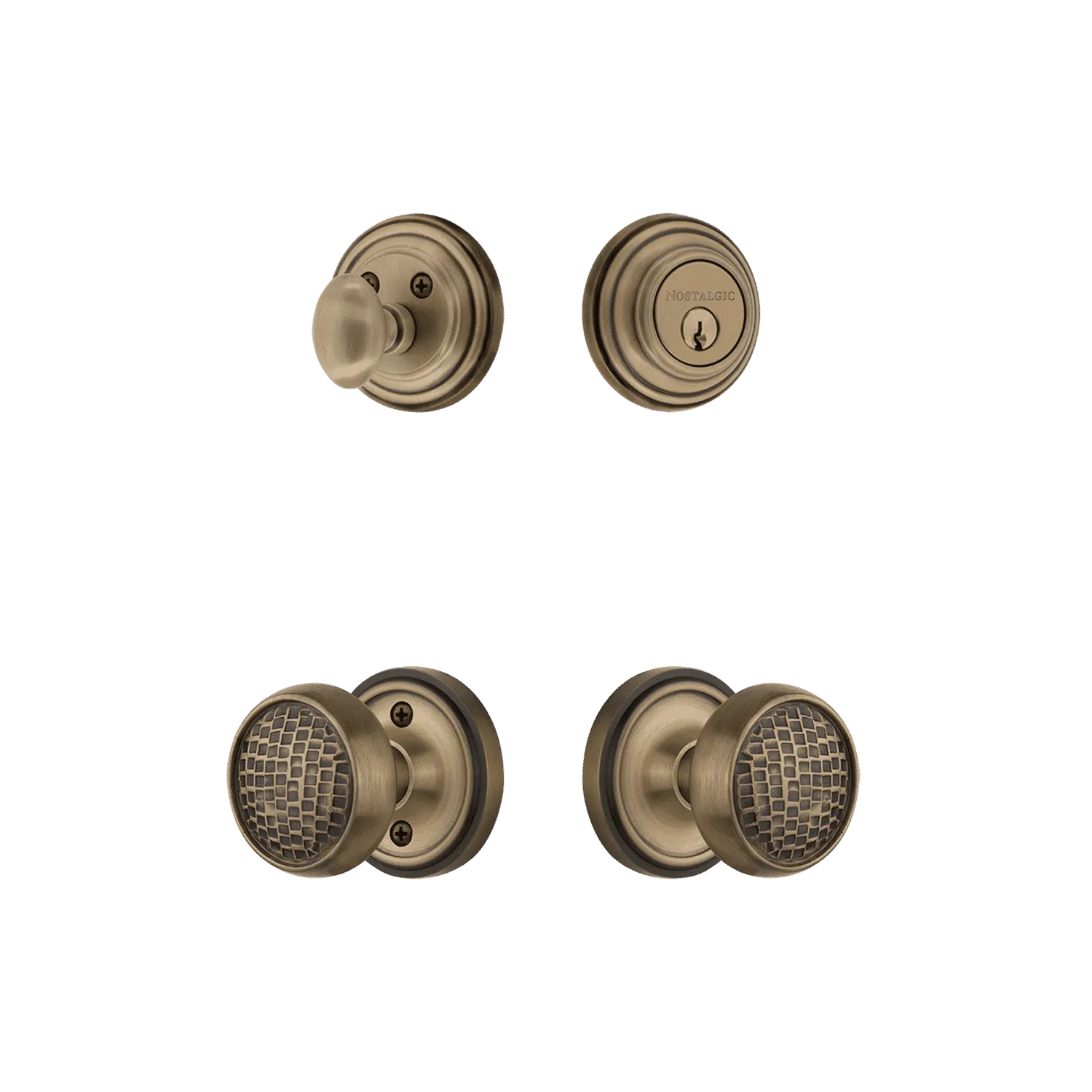 Classic Rosette Entry Set with Craftsman Knob in Antique Brass