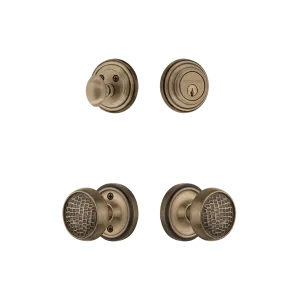 Classic Rosette Entry Set with Craftsman Knob in Antique Brass