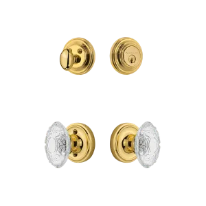 Classic Rosette Entry Set with Crystal Victorian Knob in Unlacquered Brass