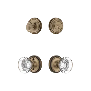 Classic Rosette Entry Set with Round Clear Crystal Knob in Antique Brass