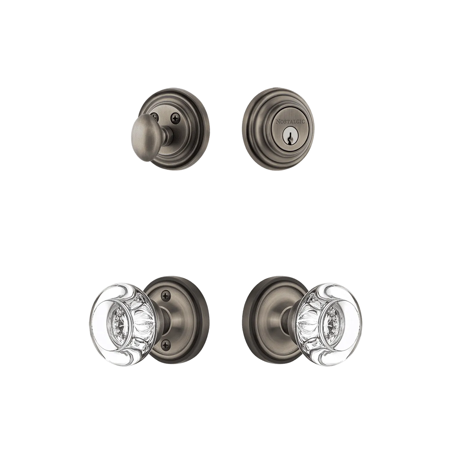 Classic Rosette Entry Set with Round Clear Crystal Knob in Antique Pewter