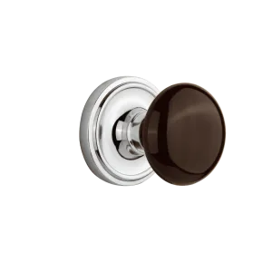 Classic Rosette with Brown Porcelain Knob in Bright Chrome