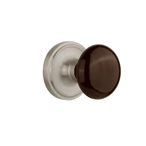 Classic Rosette with Brown Porcelain Knob in Satin Nickel