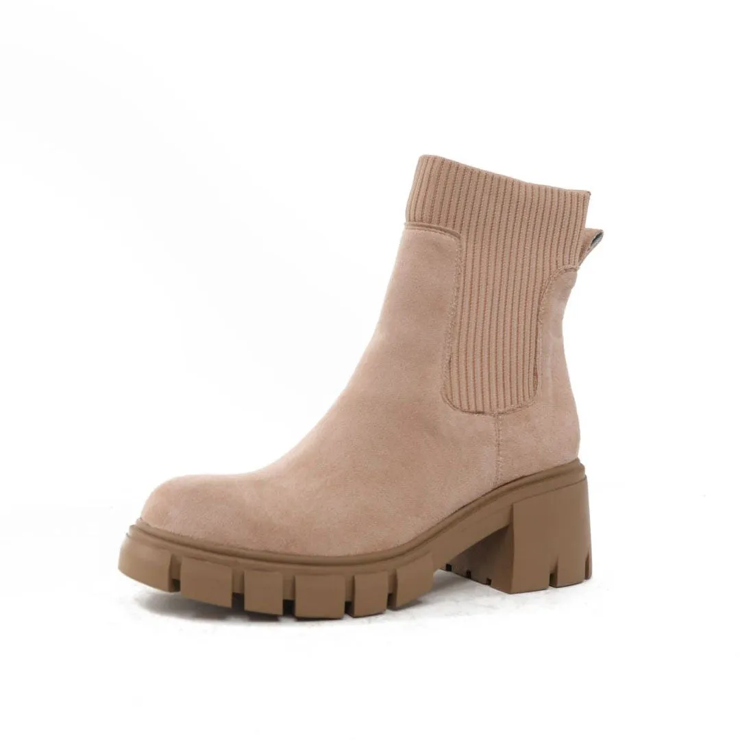 Classic Round Toe Lug Sole Suede Knit Sock Ankle Boots - Apricot