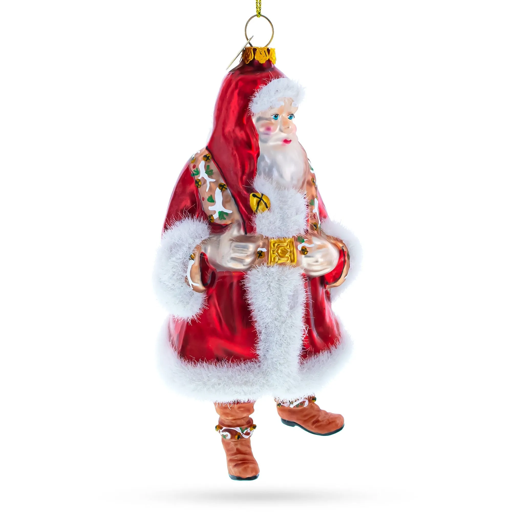 Classic Santa In Fur Coat And Red Hat - Festive Blown Glass Christmas Ornament