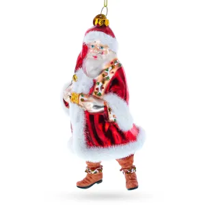 Classic Santa In Fur Coat And Red Hat - Festive Blown Glass Christmas Ornament