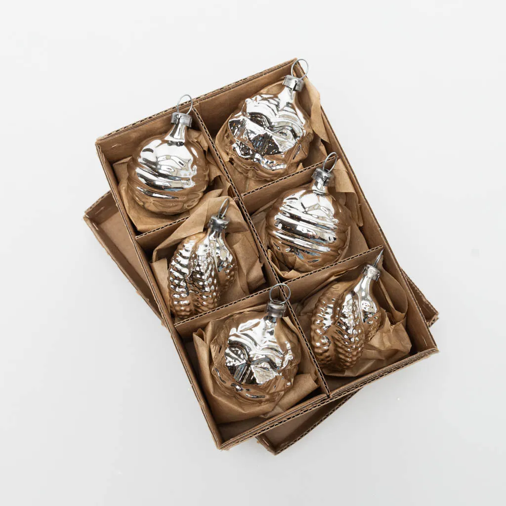 Classic Silver Handblown Glass Ornaments - 6 Piece Set