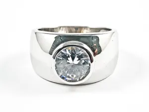 Classic Single Center Round CZ Shiny Metallic Band Silver Ring