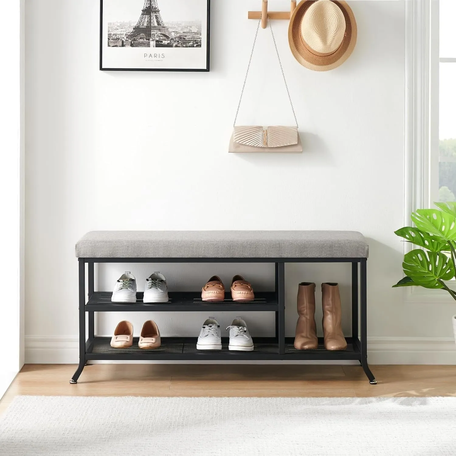 classic Stylish Shoe Storage Bench with Upholstered Seat & Open Shelf - Gold Metal Frame for Home Entryway