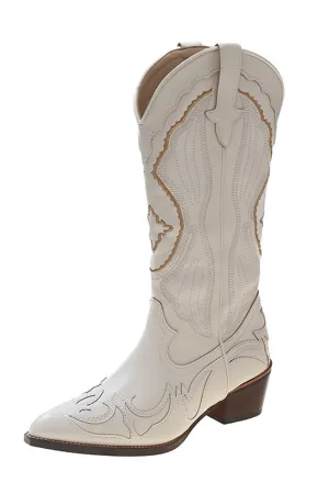 Classic White Embroidered Knee High Wide Calf Cowgirl Boots