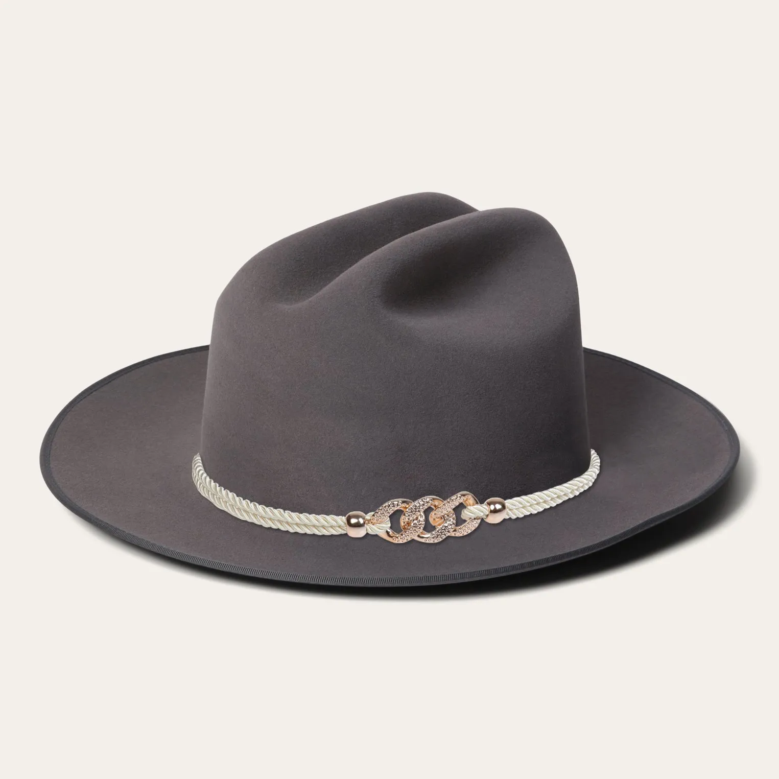 Classic Wide-Brim Gray Cowboy Hat with Elegant Silver Rope Band and Buckle