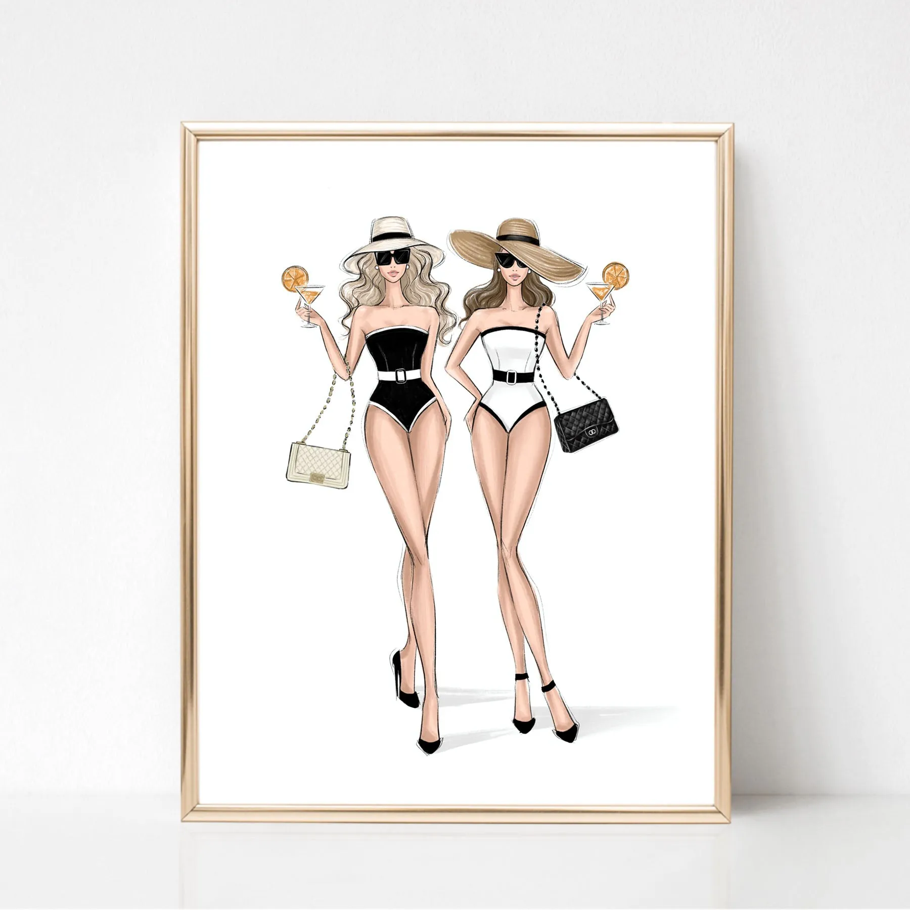 Classy girls in black and white bikini summer art print fashion illustration