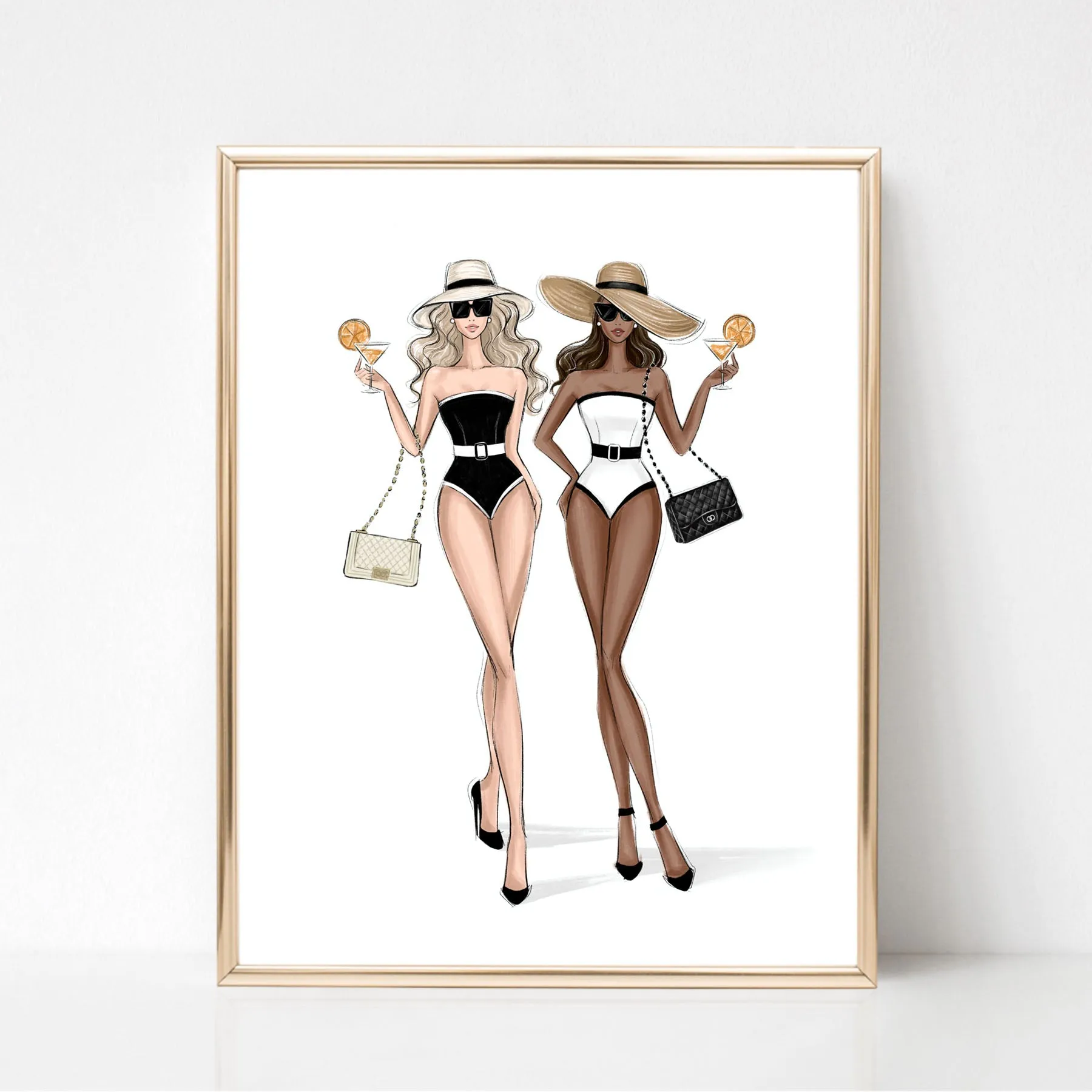 Classy girls in black and white bikini summer art print fashion illustration