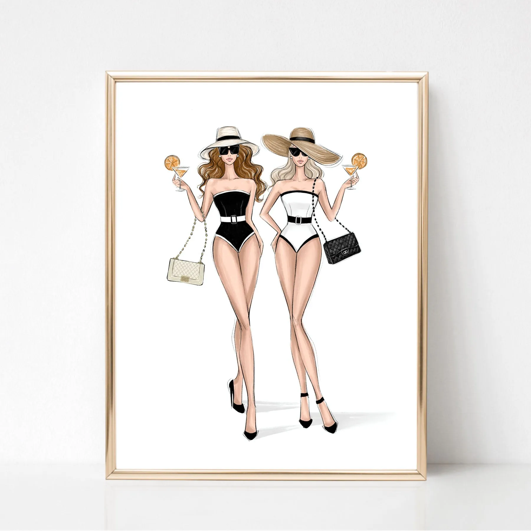 Classy girls in black and white bikini summer art print fashion illustration