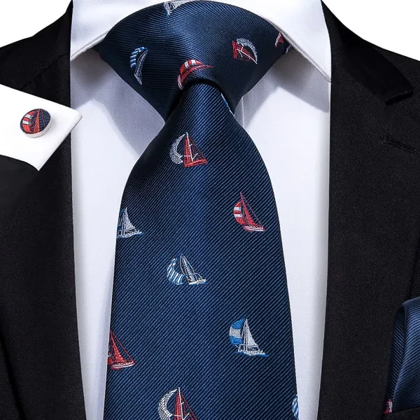 Classy Men Navy Blue Sailboat Silk Tie