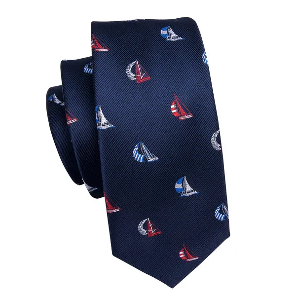 Classy Men Navy Blue Sailboat Silk Tie