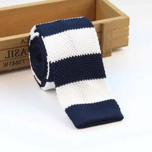 Classy Men Navy Blue White Square Knit Tie