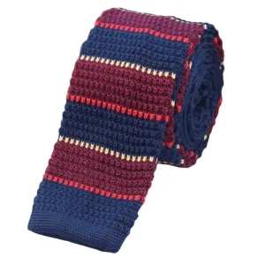 Classy Men Navy Blue Wine Red Square Knit Tie