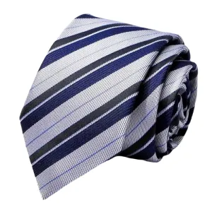 Classy Men Silver Navy Blue Striped Silk Tie