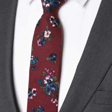 Classy Men Wine Red Floral Skinny Cotton Tie