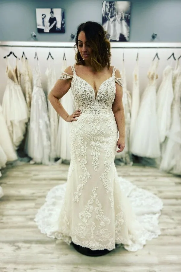 Classy Mermaid Wedding Dress Sweetheart Spaghetti Straps Lace Appliques Floor-length