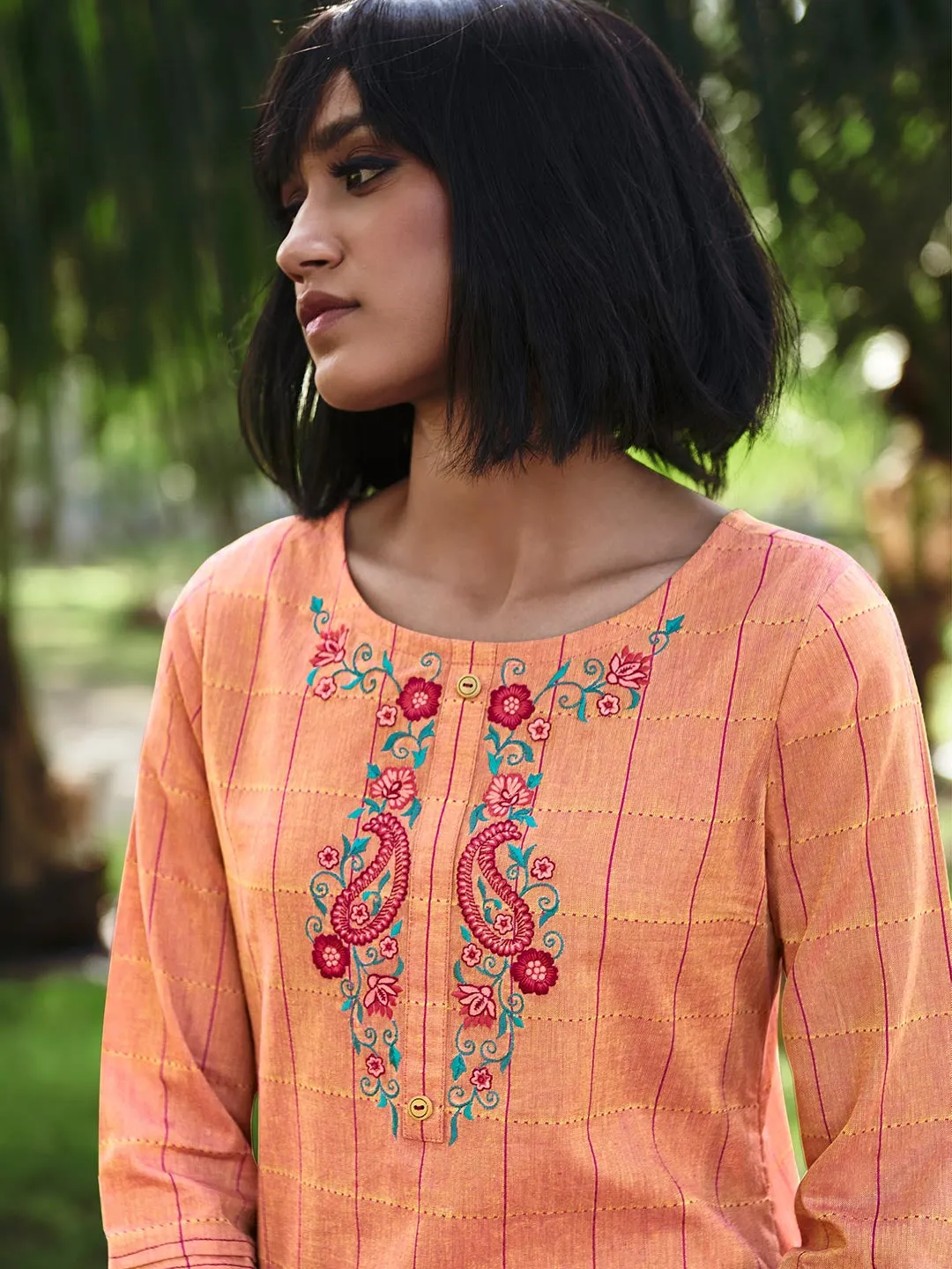 Classy Tangerine Floral Cotton Kurti With Embroidery