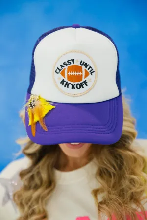 CLASSY UNTIL KICKOFF PURPLE AND WHITE TRUCKER