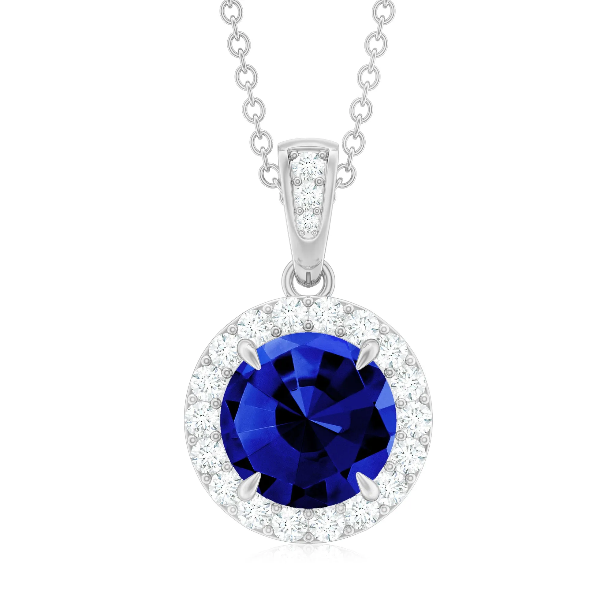 Claw Set Created Blue Sapphire Halo Pendant with Diamond