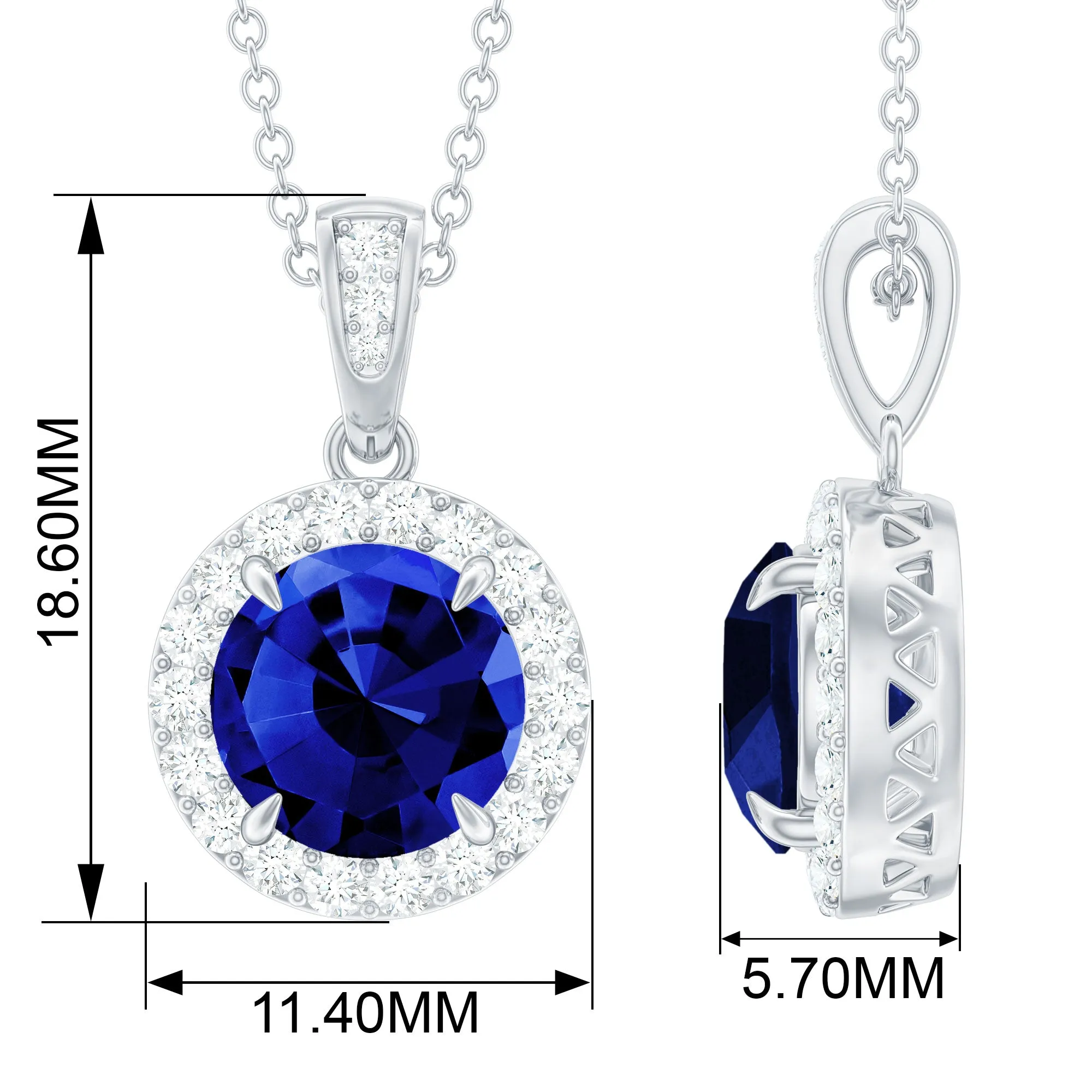 Claw Set Created Blue Sapphire Halo Pendant with Diamond