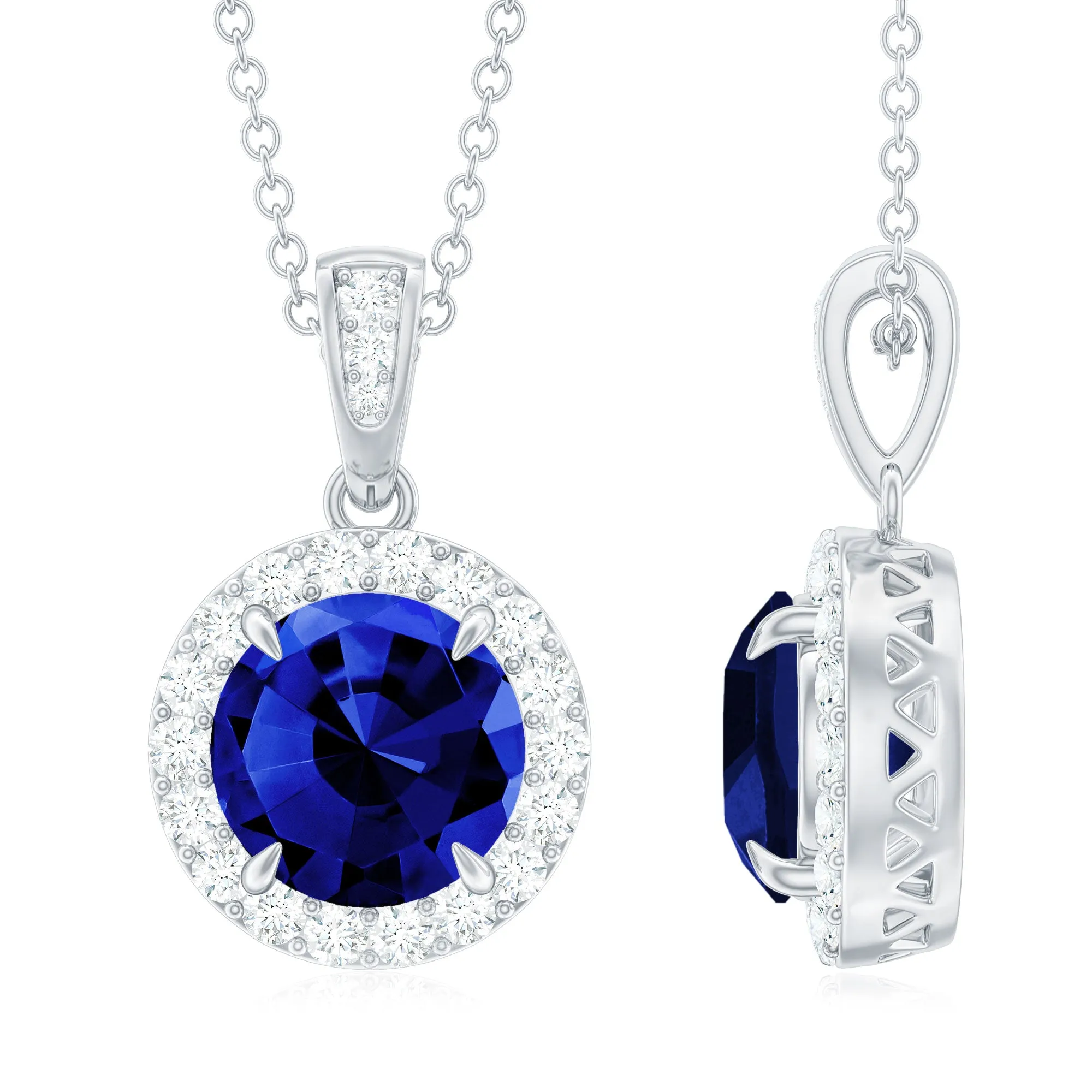 Claw Set Created Blue Sapphire Halo Pendant with Diamond