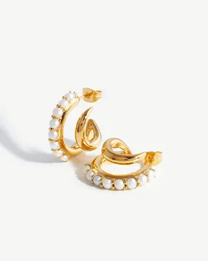 Claw Studded Pearl Double Hoop Earrings | 18ct Gold Plated/Pearl