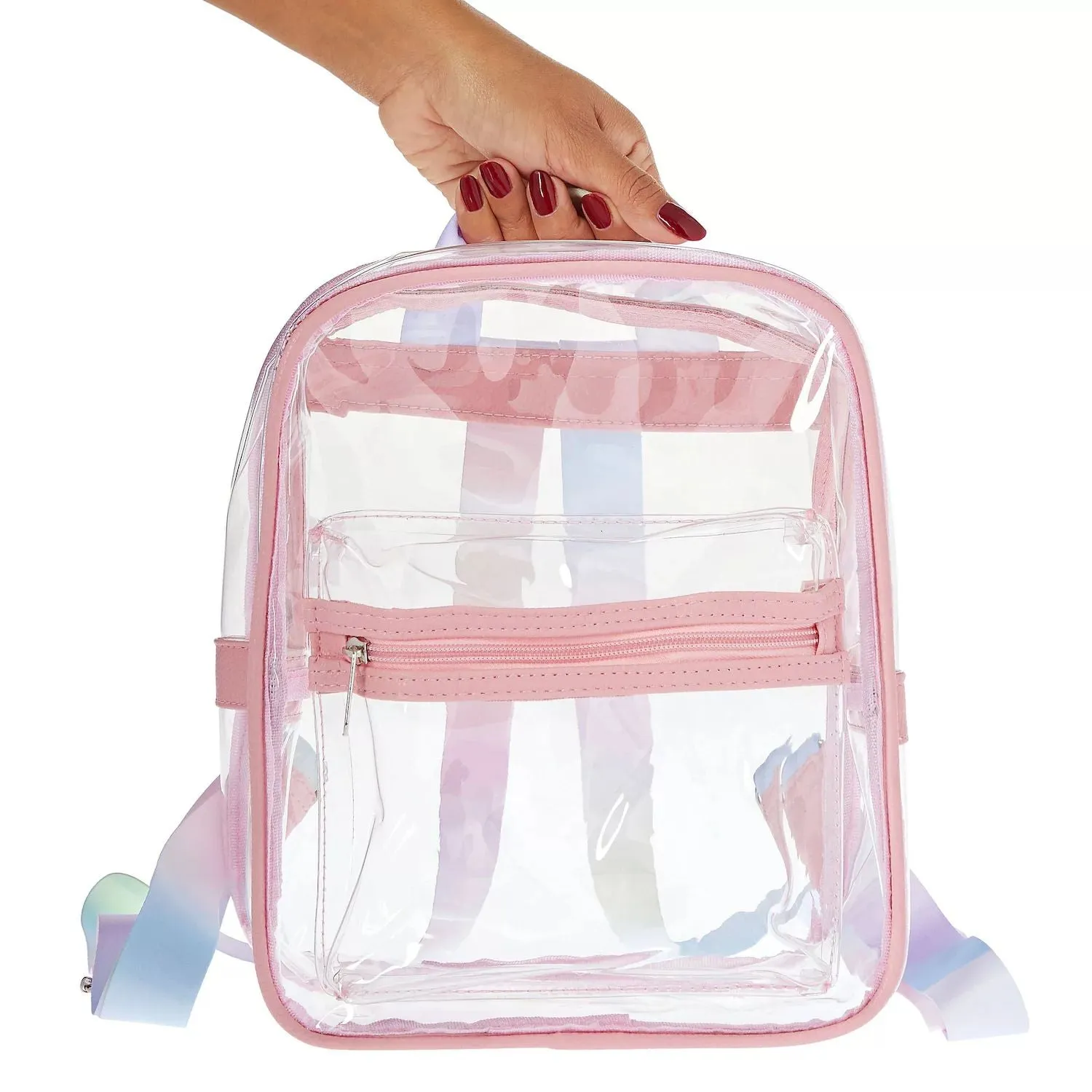 Clear mini backpack with front pocket and drawstring straps Clear Backpack for Concerts and Sports Events (9 x 5 x 11 inches)