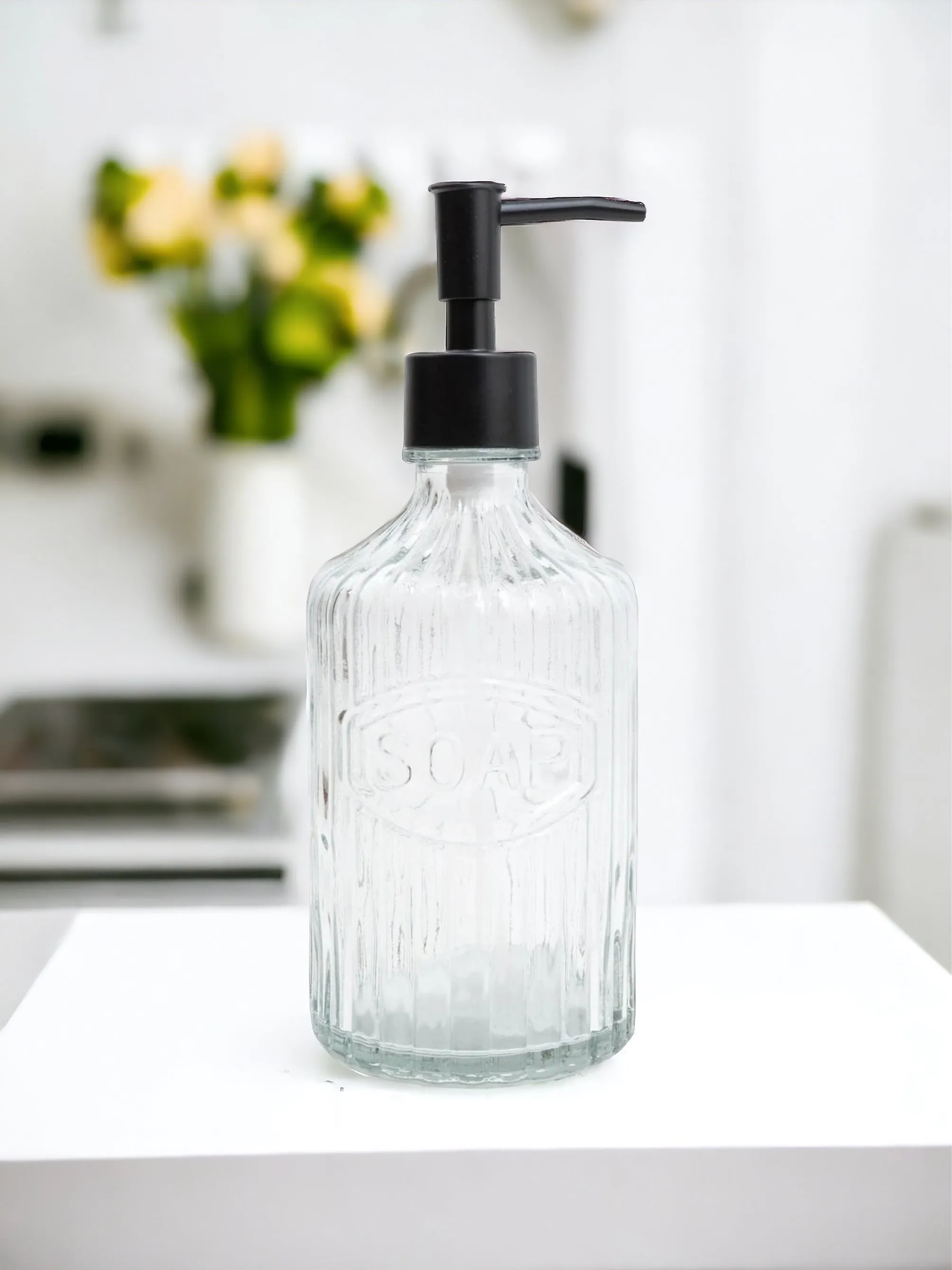 Clear Ribbed Glass Soap Dispenser