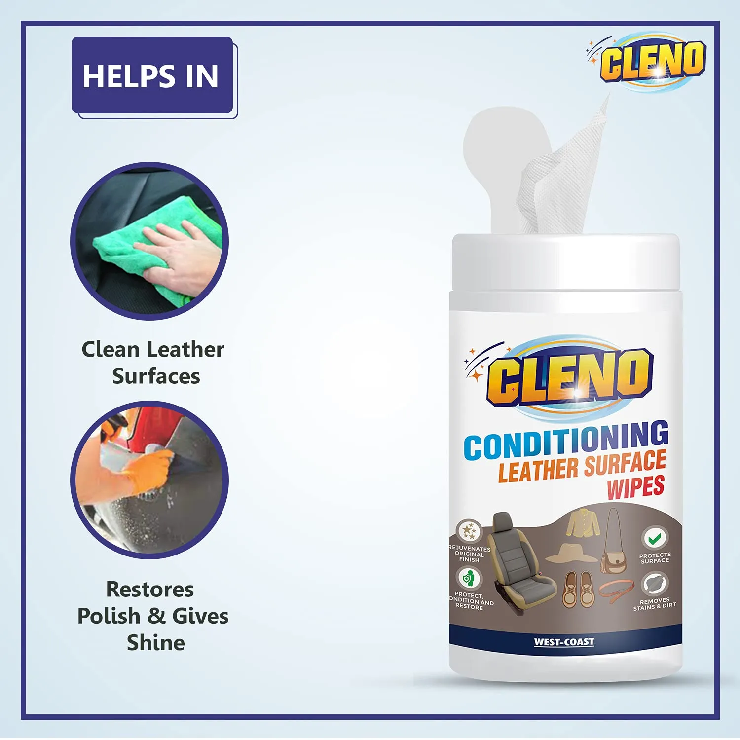 Cleno Conditioning Leather Surface Wet Wipes For Sofas/Bags/Leather Clothes/Car Seat/leather Interior/Briefcases/Shoes/Handbags Restores polish & Gives Shine - 50 Wipes (Ready to Use) (Pack of 5)