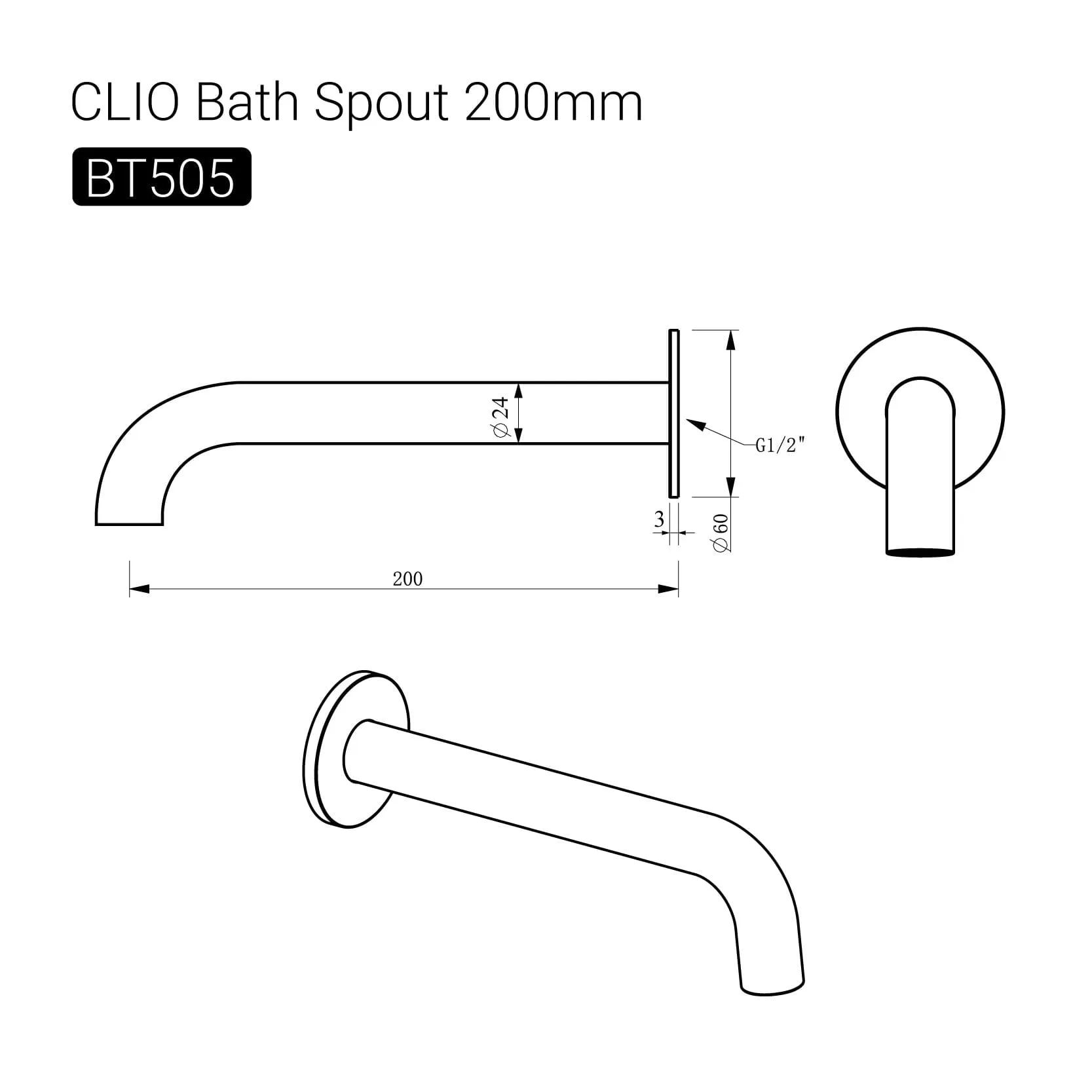 CLIO Bath Spout 200mm Wall Mount Brushed Nickel