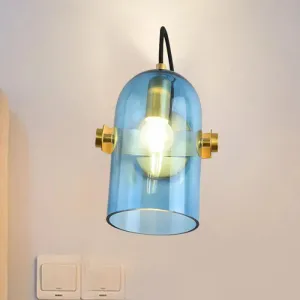 Cloche Sconce Light with Amber/Blue/Smoke Gray Glass in Retro Brass Finish - Bedroom Wall Mount