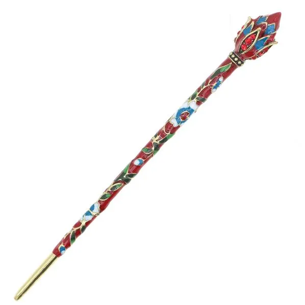 Cloisonne Enamel Hair Stick Lotus Bud with Rhinestones